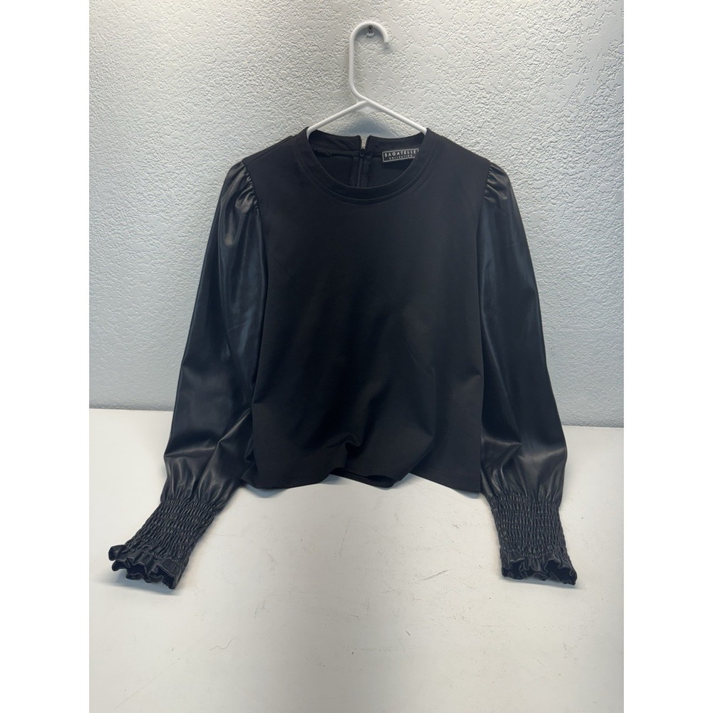 Bagatelle Collection Black Faux Leather Sleeve Blouse Smocked Cuff Womens Size M